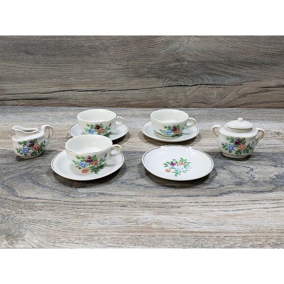 Vintage Child's Floral Rose Gold Trim Porcelain Tea Set Made in Japan - Picture 1 of 10